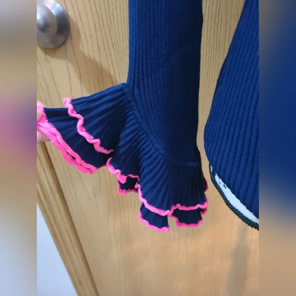 Milly Ruffle Sleeve Frilly Preppy V-neck Navy Sweater - Picture 2 of 4